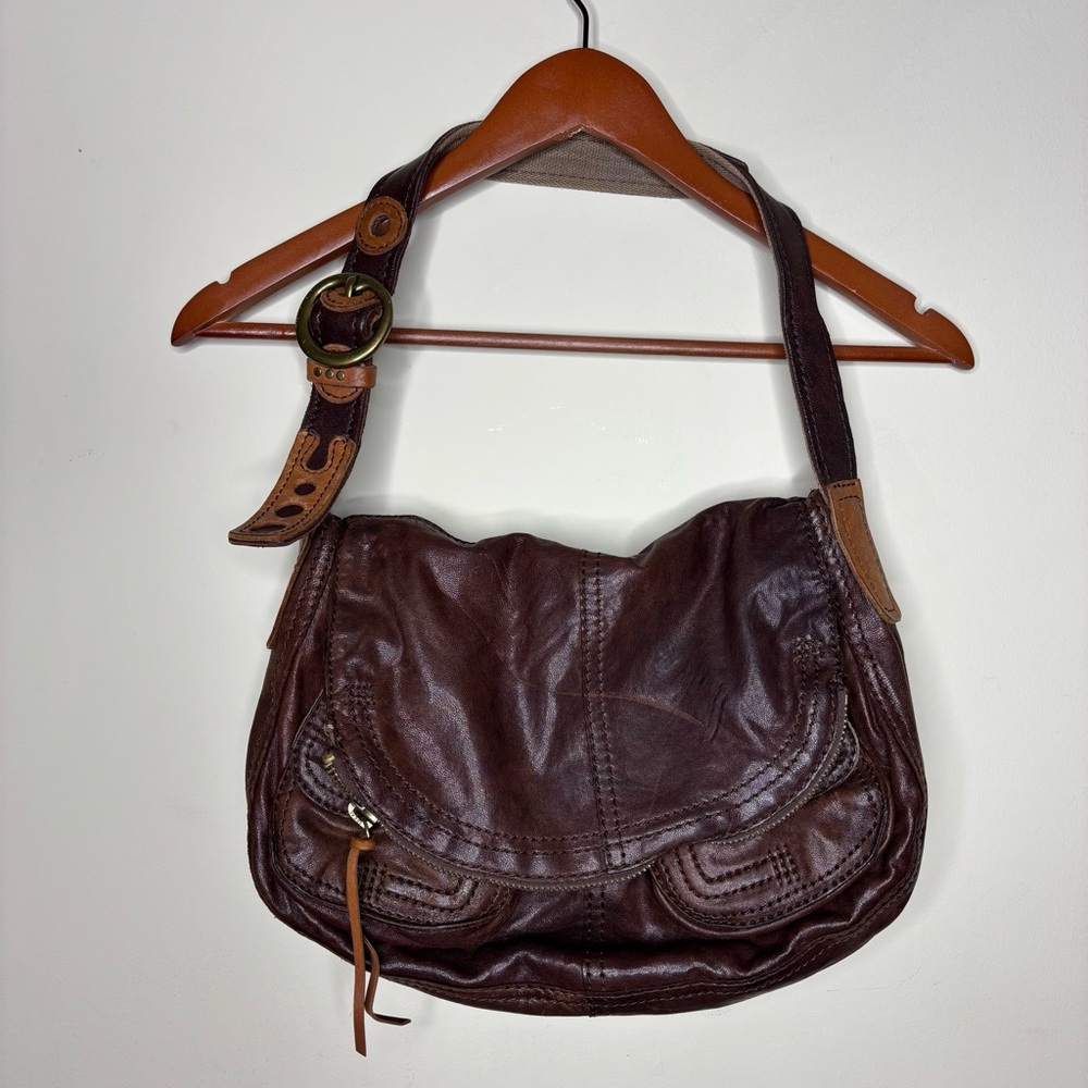 Vintage LUCKY BRAND Brick Lamb Leather Boho Fold Over Purse Bag Hobo